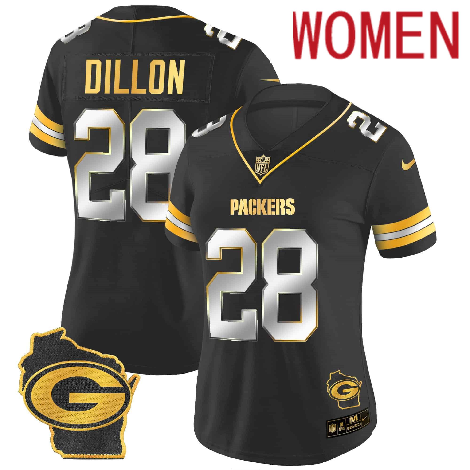 Women Green Bay Packers #28 Dillon Black Gold 2024 Nike Home Patch Vapor NFL Jersey style 1->customized nfl jersey->Custom Jersey